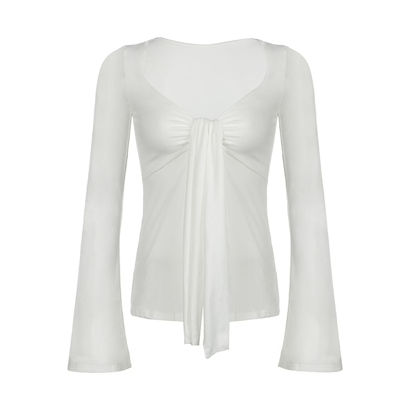 Honet - Crop top met lange mouwen, V-hals en strik aan de voorkant