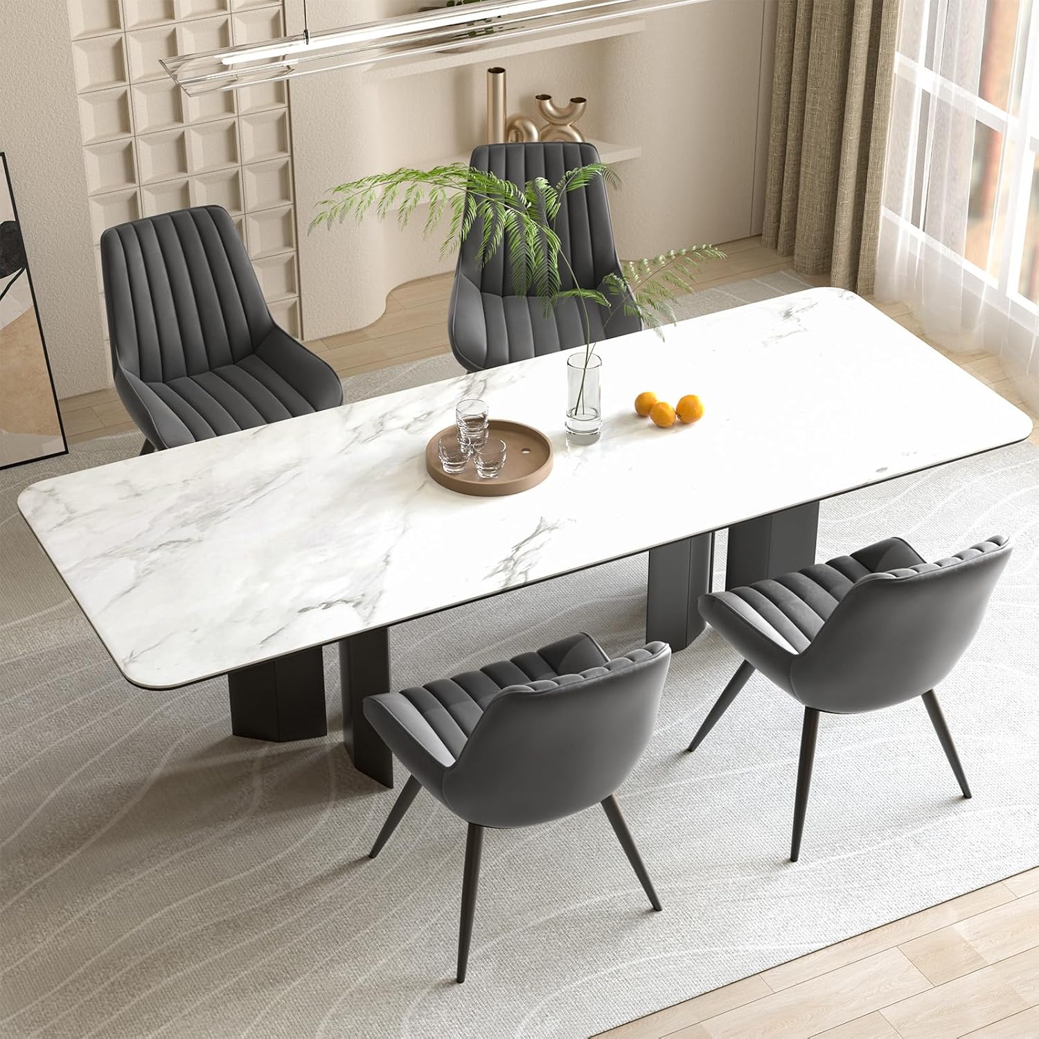 Esszimmerstühle 2er Set | Polsterstühle mit 10 cm Sitzkissen • künstlicher Stoff Dining Chair • Küchenstuhl mit Rückenlehne • Moderne Sessel • Metallbeine • Dunkelgrau FU01043DG-2