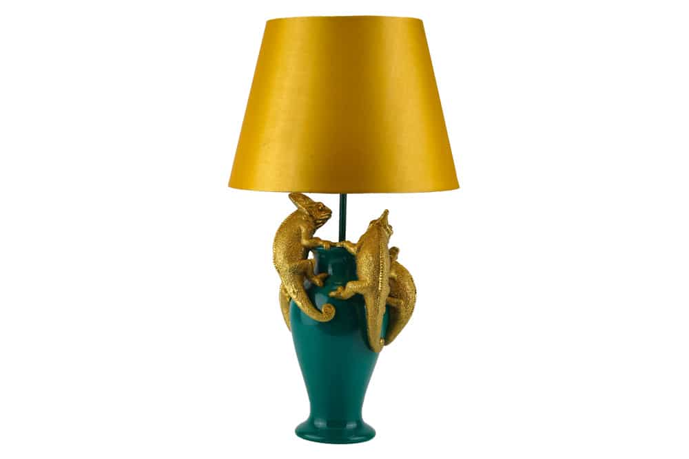 Handgefertigte Tischlampe CHAMELEON 55cm grün gold Skulptur gelber Stoffschirm