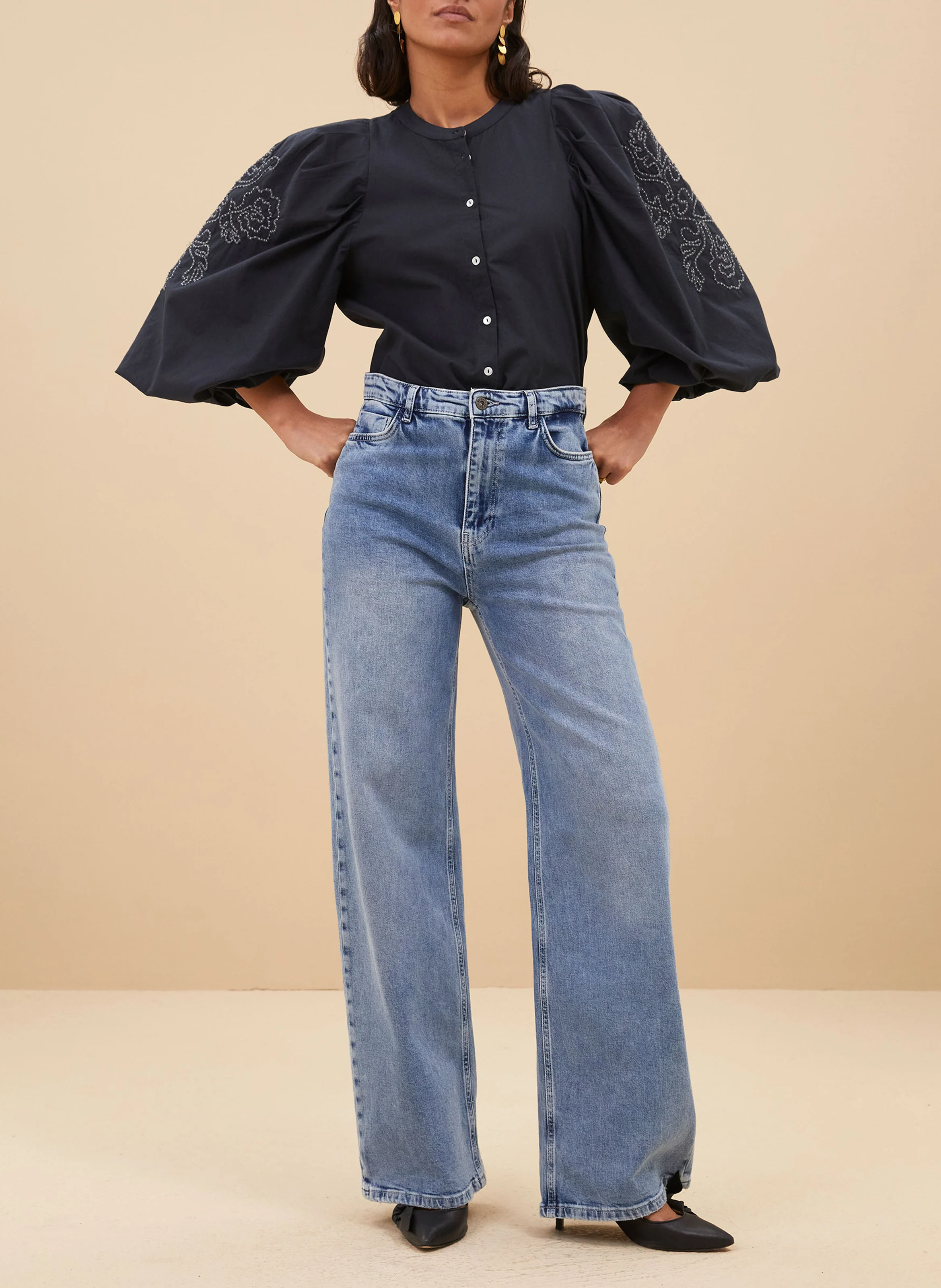 ZIGGY - Blouse col rond brodée en coton| Bleu