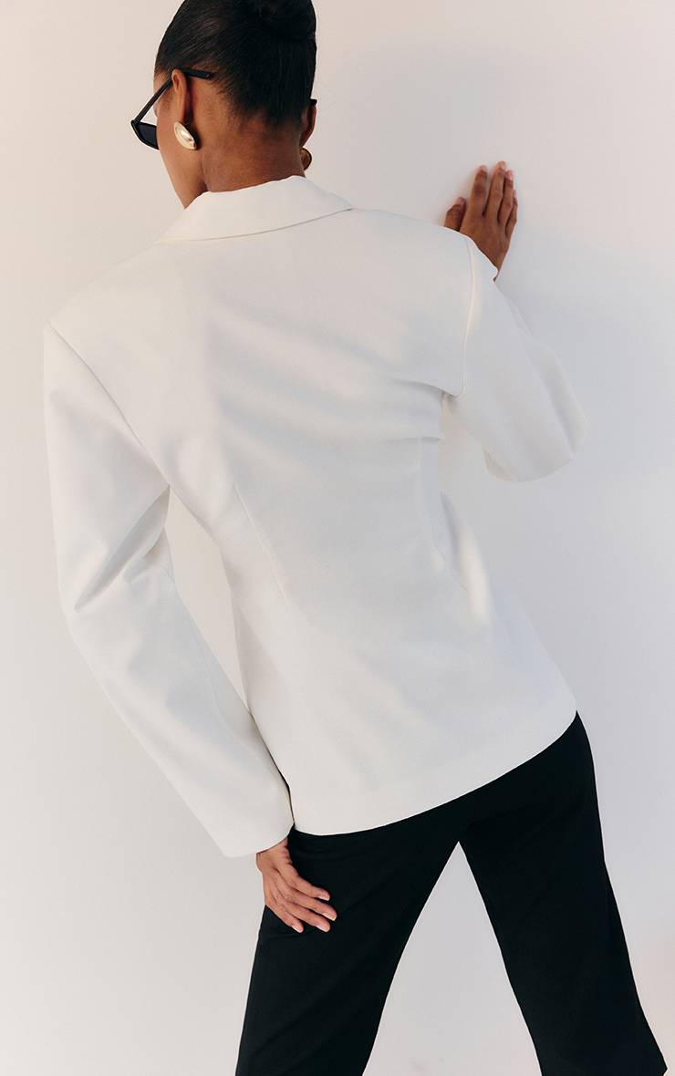 Blanc Blazer Cintré Taille Ajustée Aspect Lin