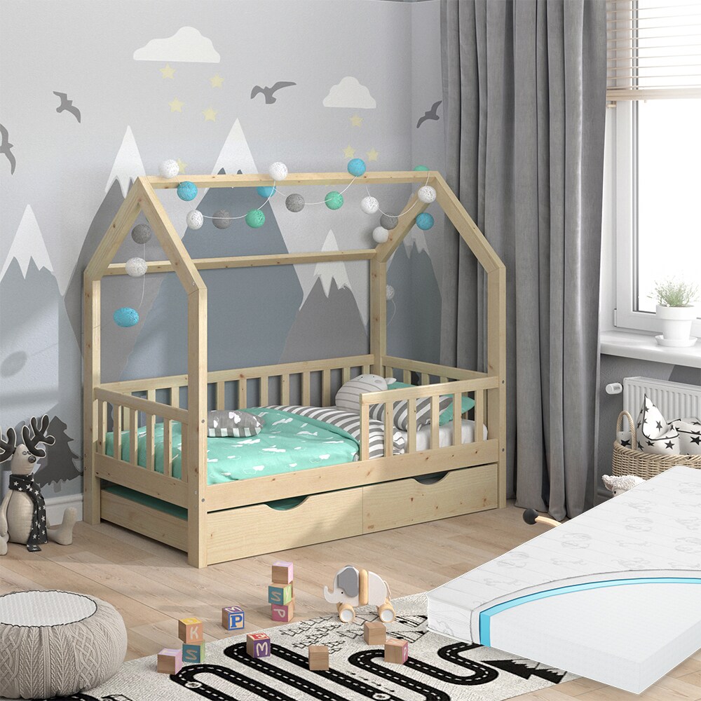 VitaliSpa Kinderbett Hausbett Gästebett Wiki Natur 80x160cm Schublade Matratze