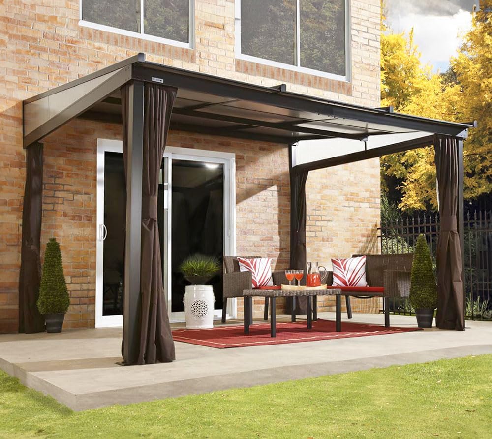 Sojag Budapest 1012 | Aluminium Terrassenüberdachung 3x4 m | Bronze | Verstellbare Dachplatten aus ACP & Doppelstegplatten | Mit Moskitonetz & Vorhängen | Ganzjährig wetterfest