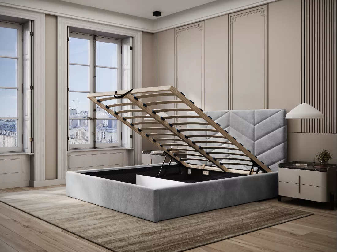 Lit coffre 180 x 200 cm - Tissu texturé - Gris - JUSTANI