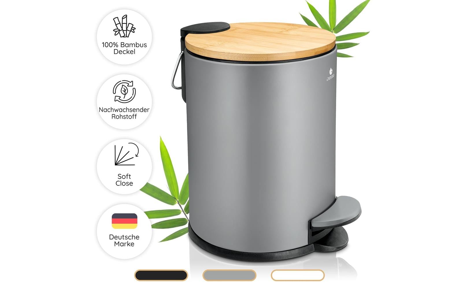 Tretmülleimer mit Softclose-Deckel 3 l, GrauAbfalleimer aus Bambus