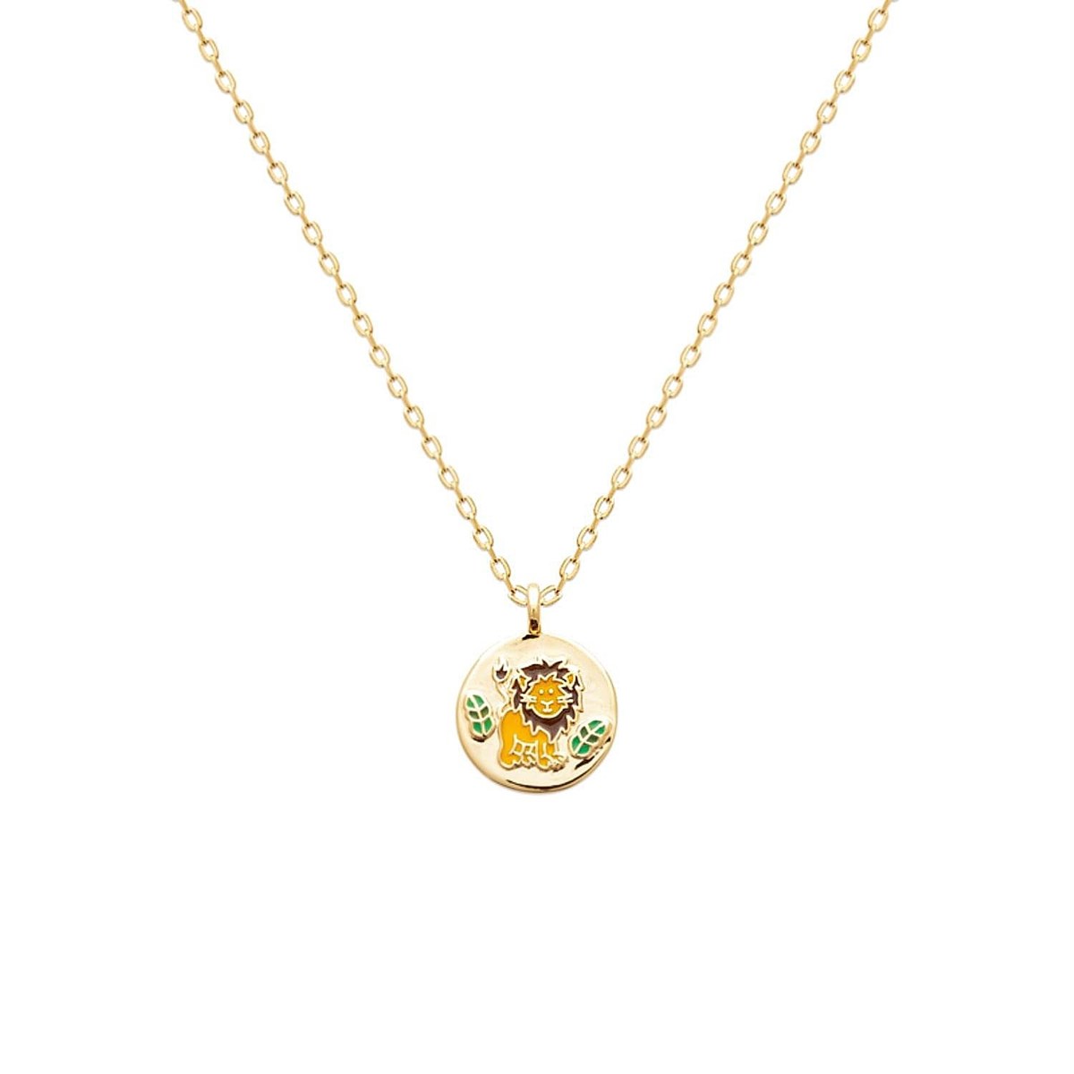 Collier lion et petites feuilles émail coloré Plaqué OR 750 3 microns