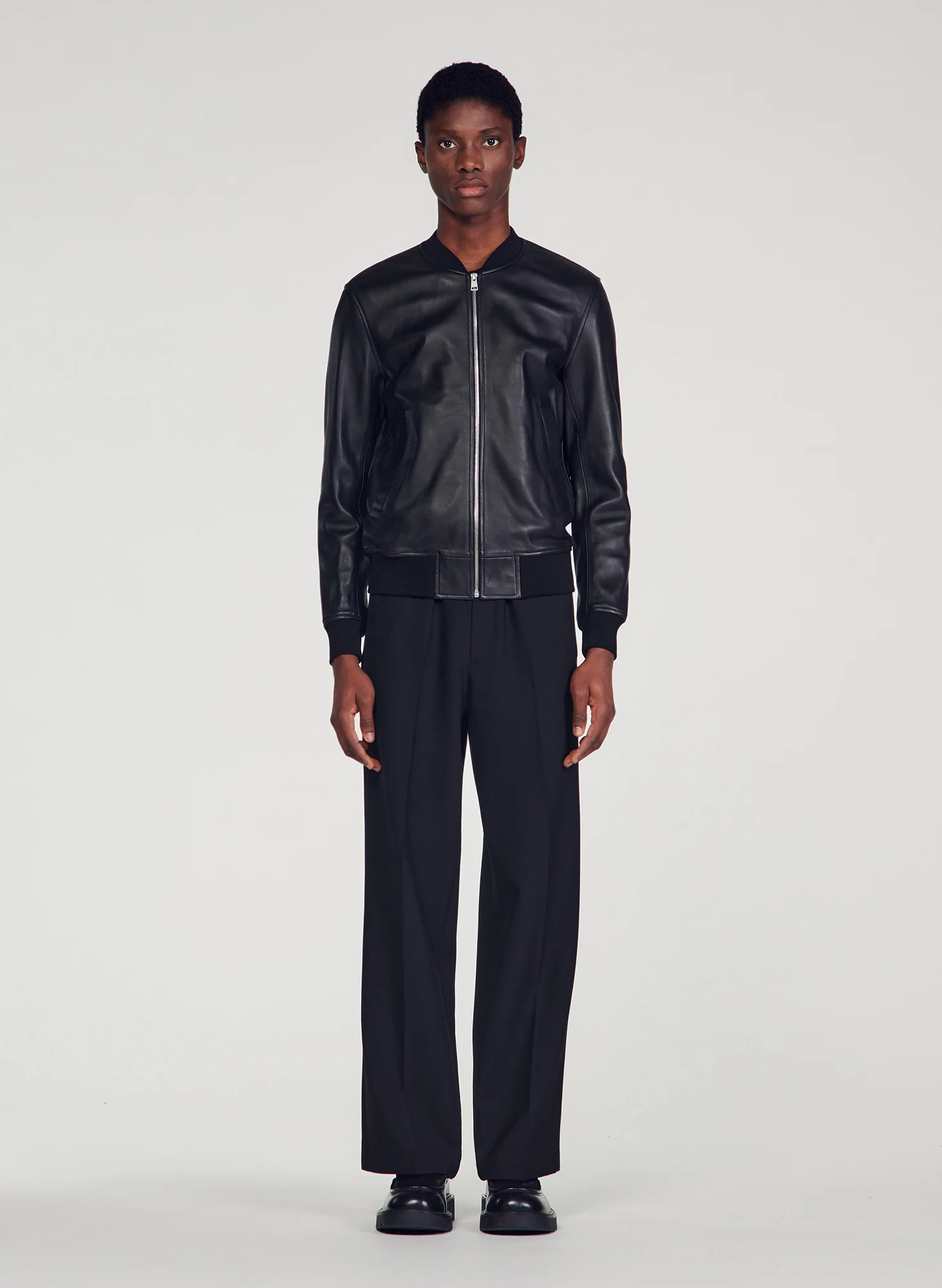 Blouson col teddy en cuir| Noir