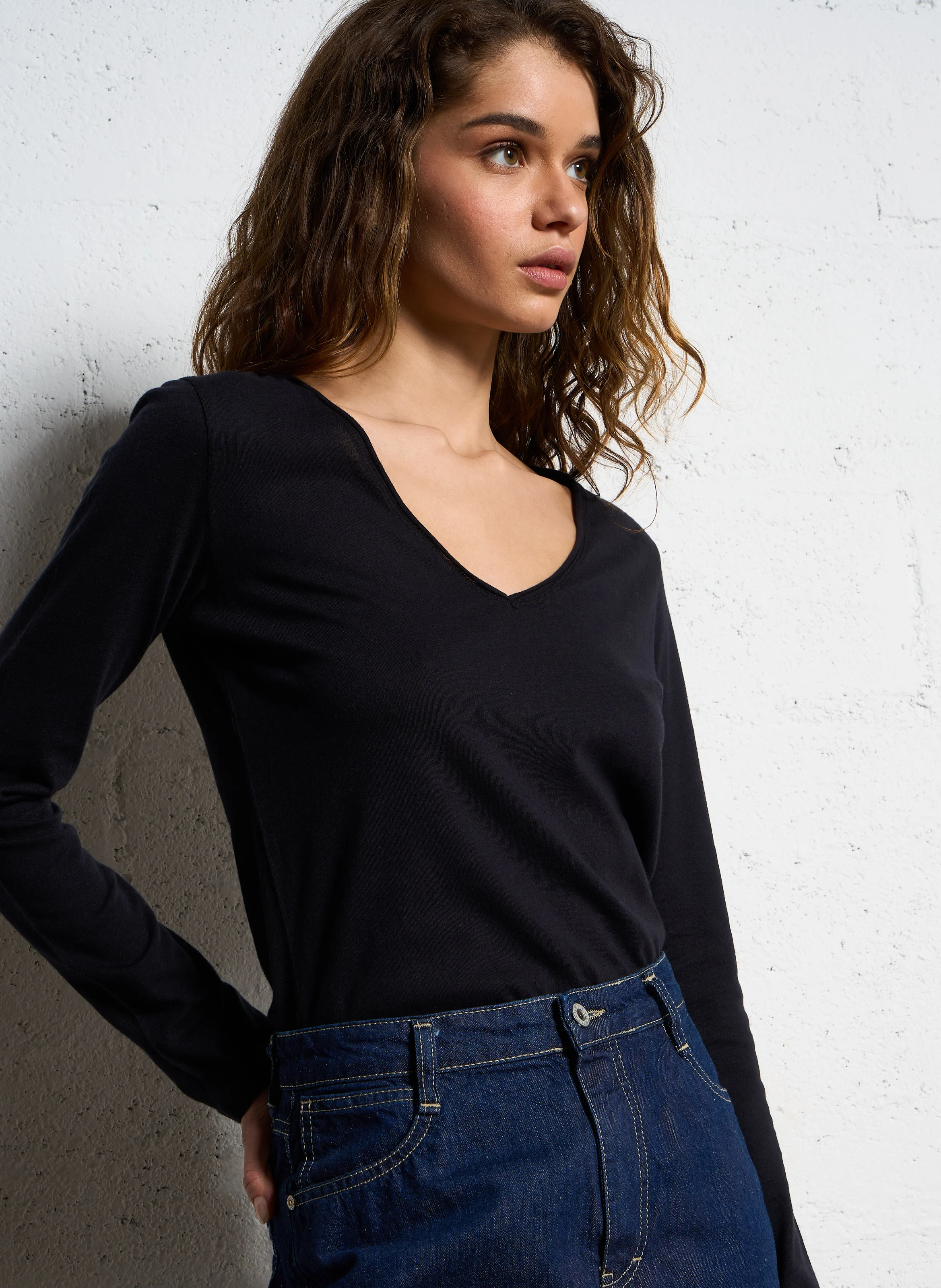 Tee-shirt col V en coton mélangé | Bleu