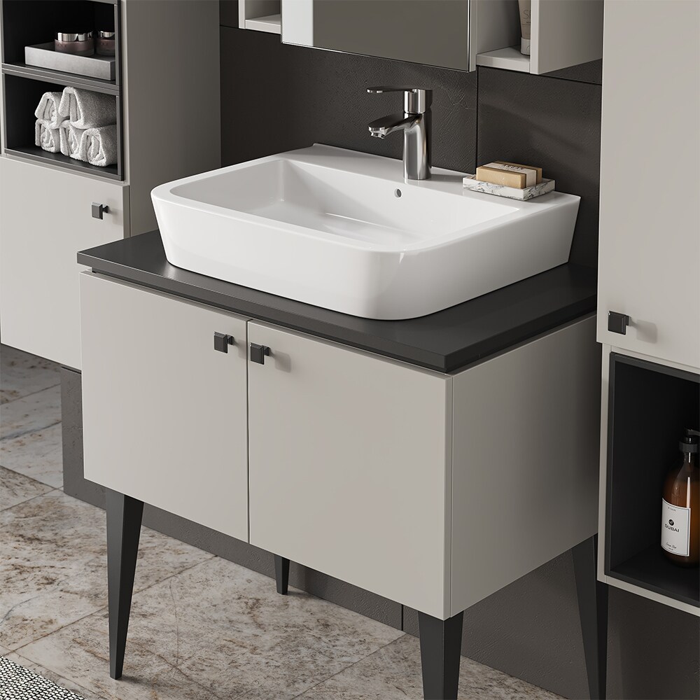 Vicco Badmöbel-Set Gerta in Grau-Schwarz, Badezimmer-Set, moderne Badserie, Spiegelschrank, Waschbeckenunterschrank, Hängeschrank
