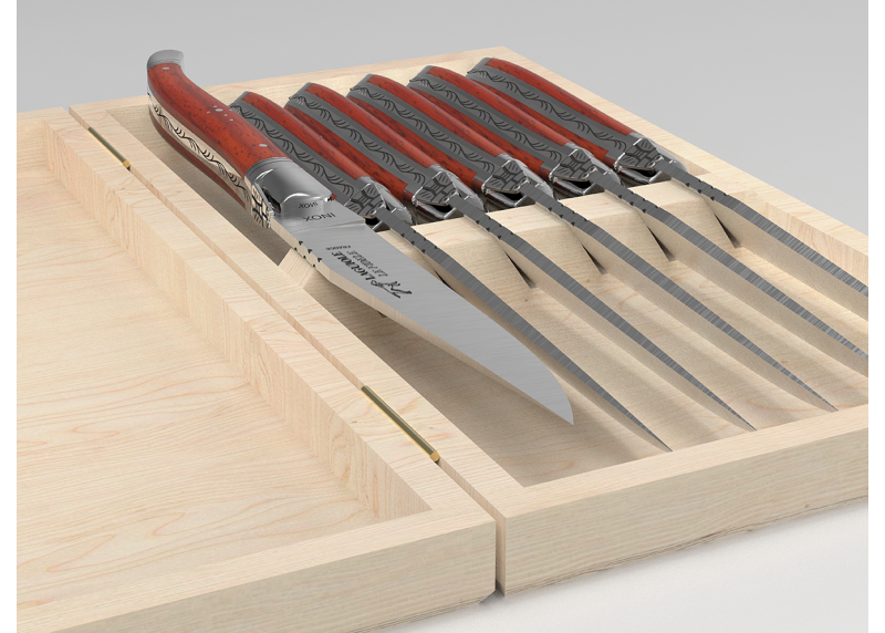 Service de 6 couteaux Laguiole avec un manche en bois de corail et mitres en acier inoxydable