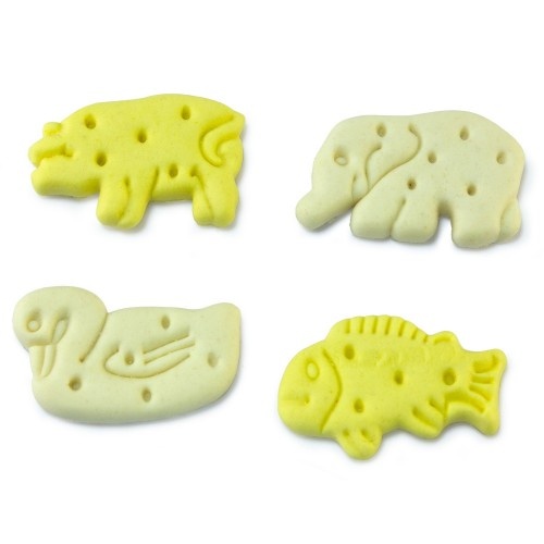 Biscoitos para cães em formato de animais, sabor natural.