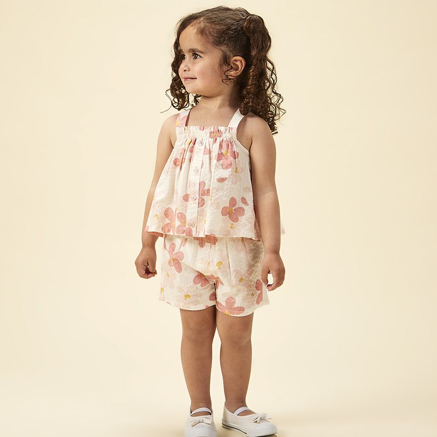 Ensemble en seersucker imprimé fleurs pour bébé fille - Ecru