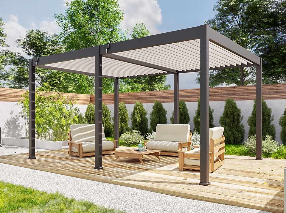 Pergola bioclimatique 3,6x5,3m - eclipse 19m² - gris - autoportee - lames en acier galvanisé - orientables de 0 à 120°