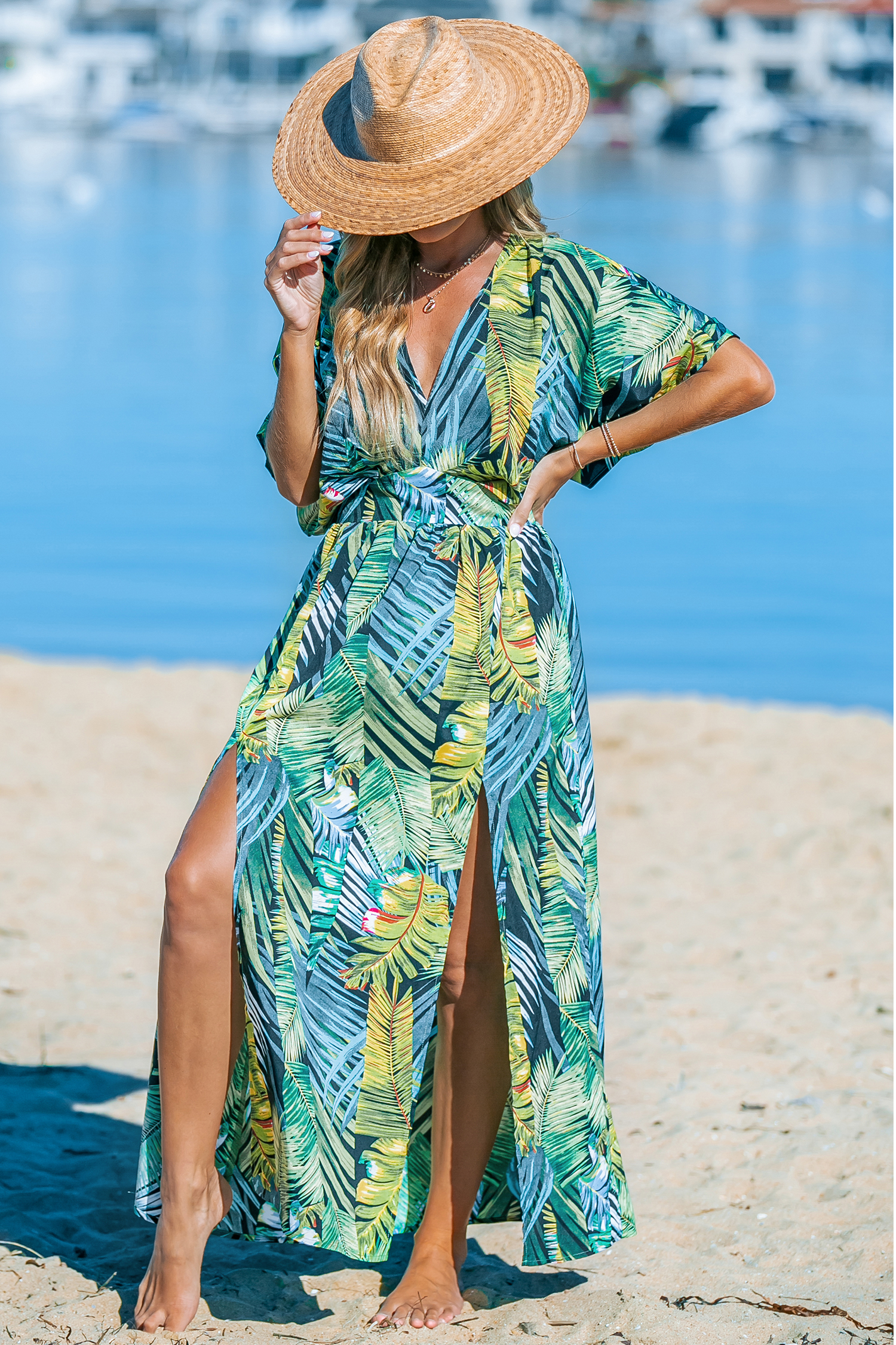 Robe maxi tropicale à double ourlet fendu