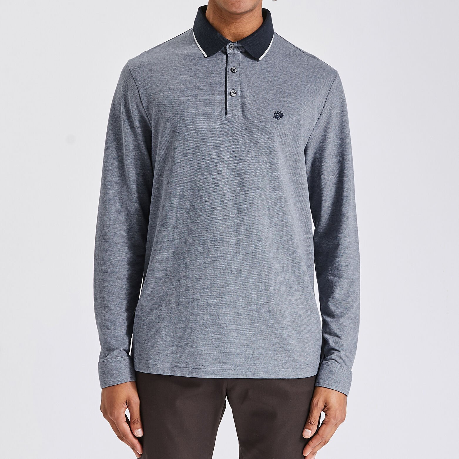 Polo manches longues piqué à col contrasté Bleu foncé