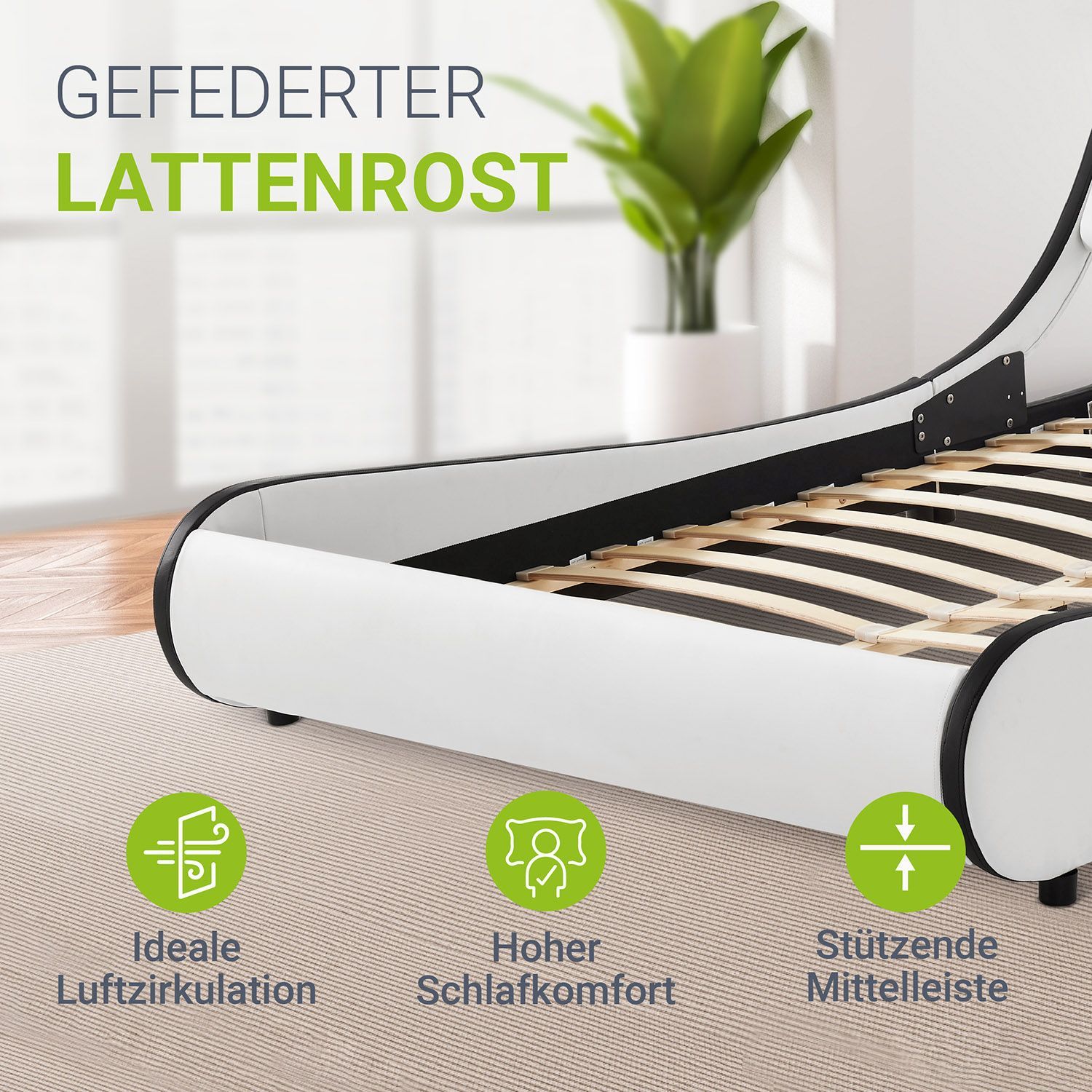Juskys Polsterbett Bett Valencia 180 x 200 cm weiß mit Kaltschaummatratze Doppelbett mit LED