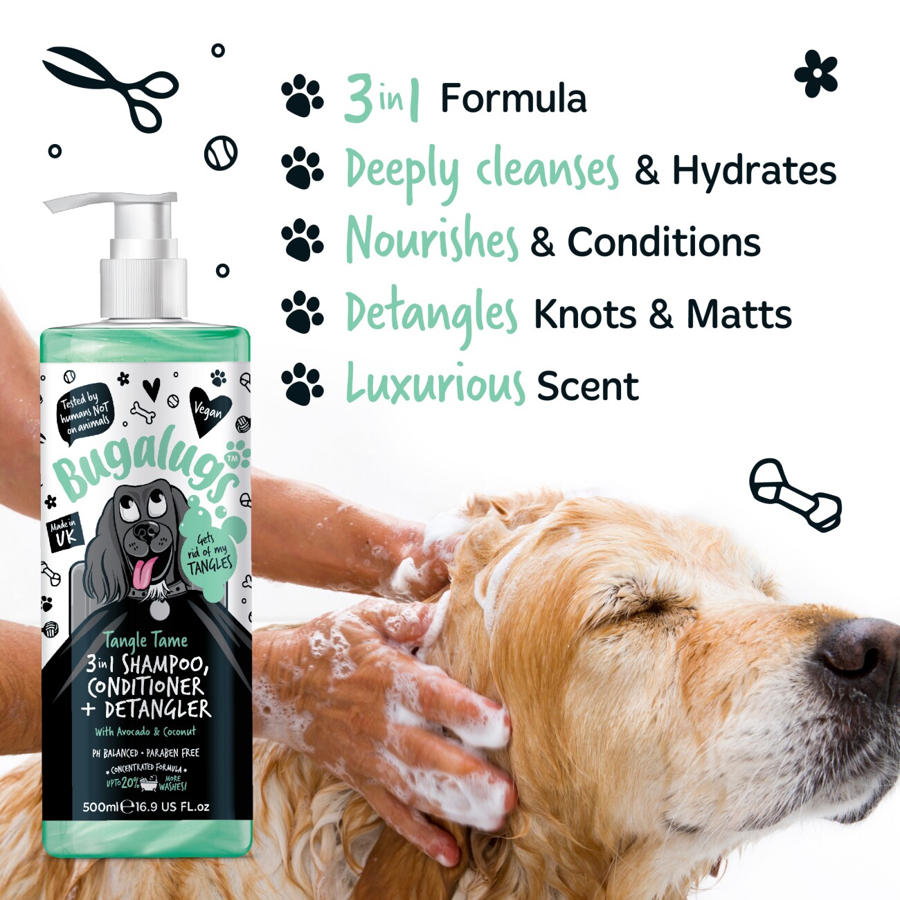 Bugalugs Tangle Tame 3-in-1 – Shampoo, Conditioner & Entfilzer mit Avocado & Kokosnuss