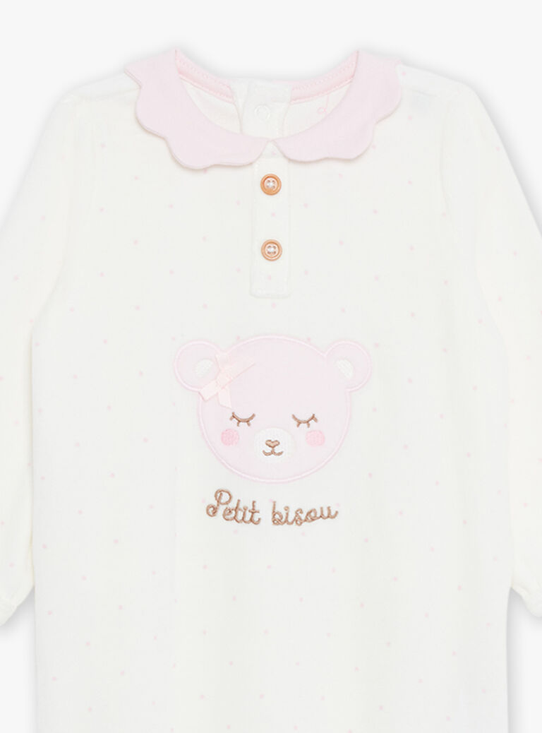 Grenouillère écrue en velours à pois et tête d'ours