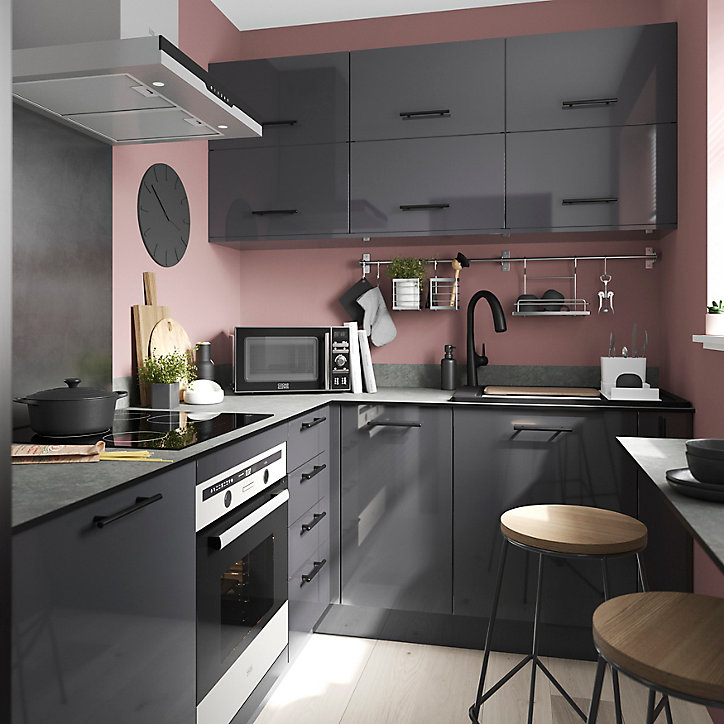 Façade de cuisine 1 porte et 1 tiroir Stevia gris anthracite brillant l. 50 cm x H. 72 cm GoodHome