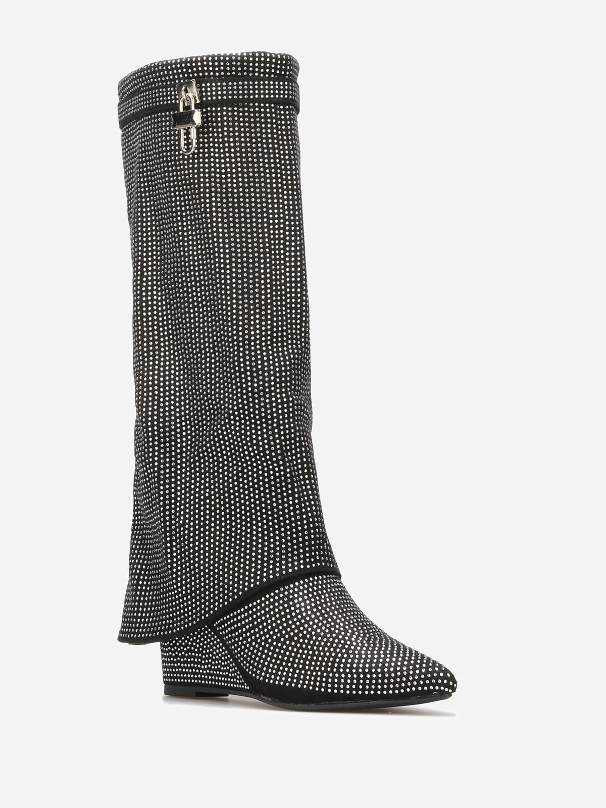 Bottes compensées à rabat et strass- noir_argente