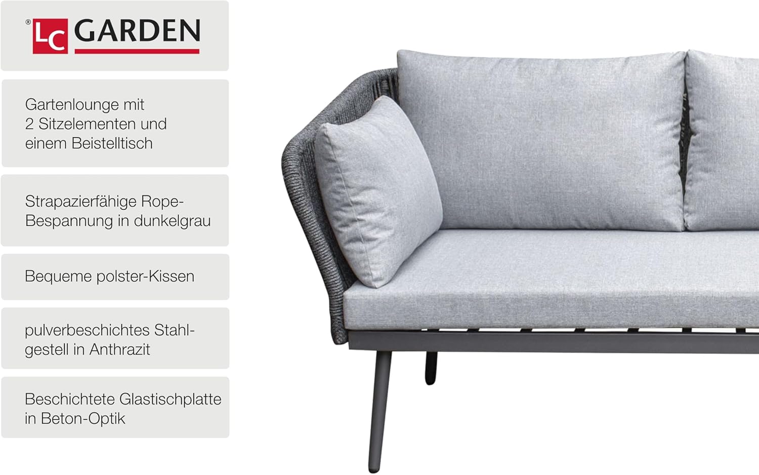 LC Garden »Sunera« Gartenlounge Set 3tlg. dunkelgrau Rope Loungeset Sitzgarnitur Terassen-Möbel Garten Set