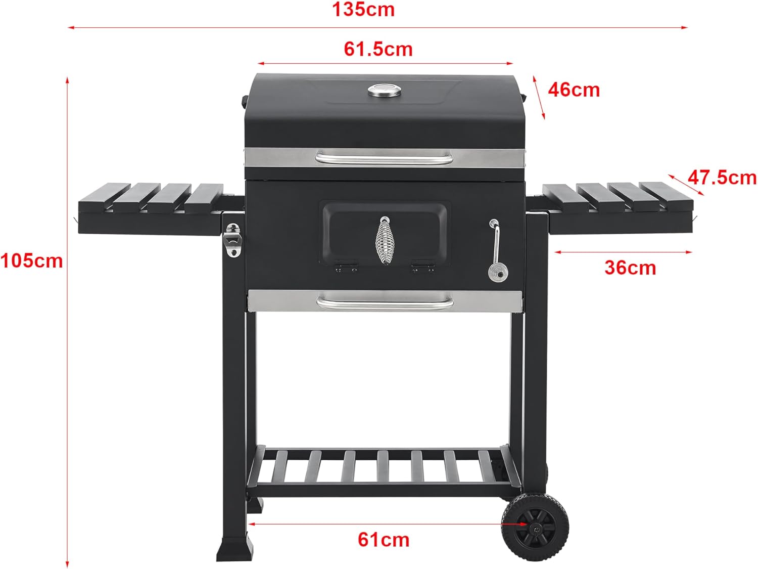 casa.pro Grillwagen Arnad Holzkohlegrill mit Deckel BBQ Kohlegrill mit Grillrosten Gartengrill 2 Räder Deckelthermometer aufklappbare Ablagen 105x135x47,5cm Schwarz