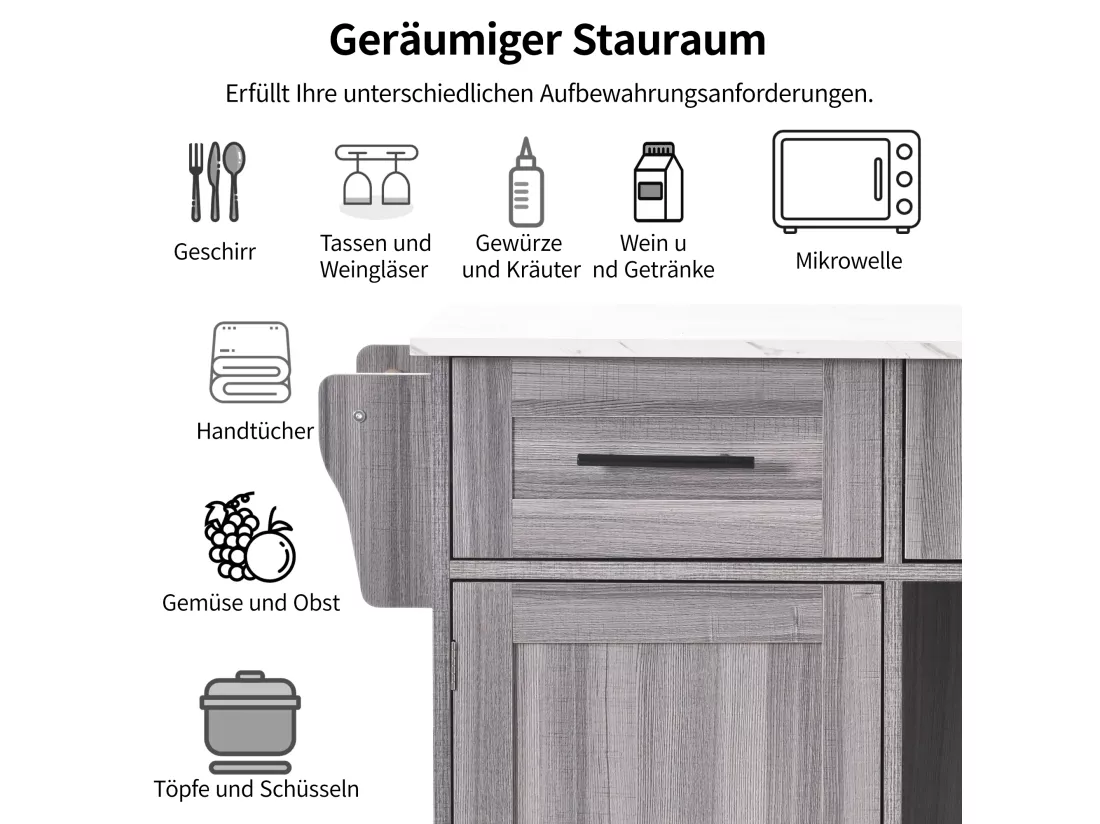 Ilot central de cuisine mobile avec 2 portes et 3 tiroirs - plateau extensible - 129x46/71x91,5 cm - Bois MDF + métal - Gris+ blanc