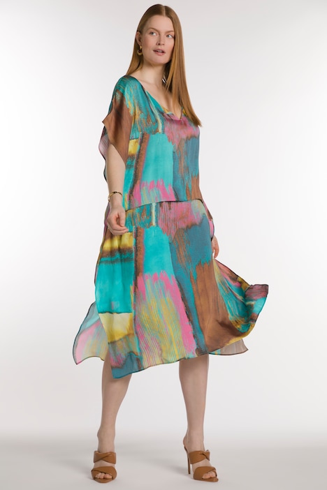 Midikleid, Artwork, Oversized, V-Ausschnitt, Halbarm