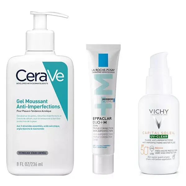 Gel de limpeza facial antiacne Cerave 236ml + Effaclar Duo+M La Roche-Posay 40ml + Protetor solar Vichy Capital Soleil UV-CLEAR FPS 50+ 40ml