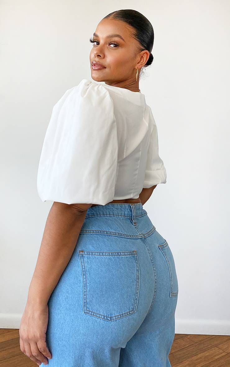 Blanc Haut Court Structuré Grande Taille À Manches Bouffantes Tissées