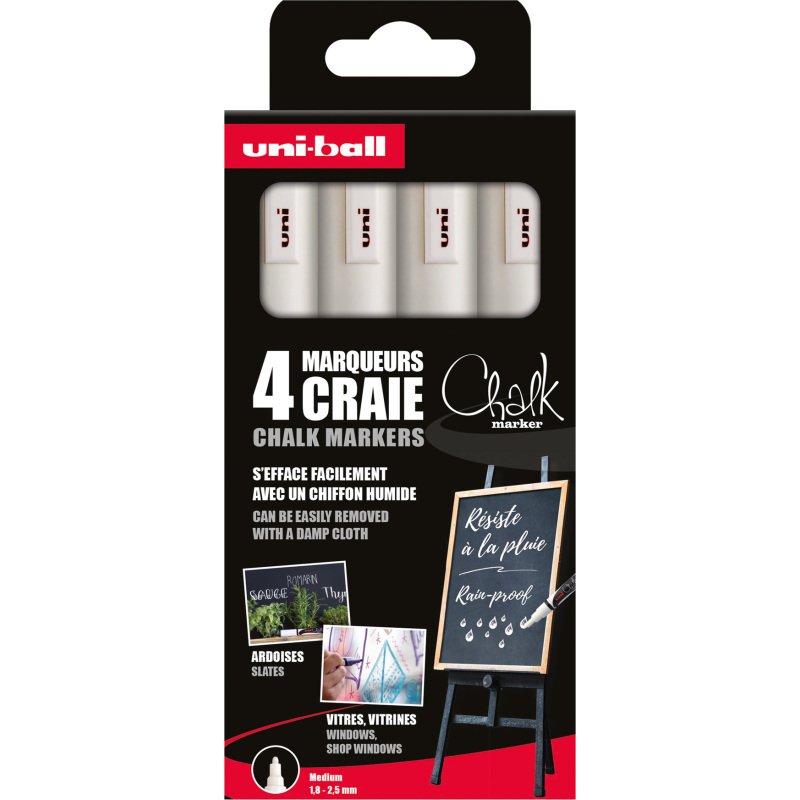 Marqueur effaçable craie Uni Ball Chalk pointe ogive 1,8 à 2,5 mm blanc - Pochette de 4