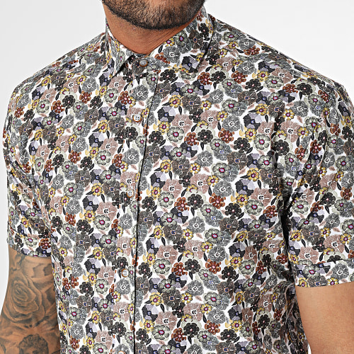 Chemise Manches Courtes Blanc Vert Kaki Floral