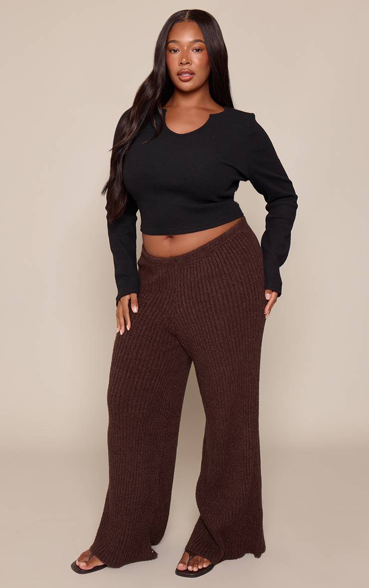 Chocolat Pantalon Large En Maille Bouclée Côtelée Grande Taille