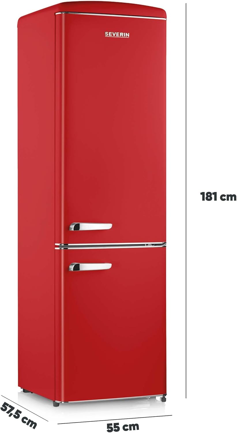 SEVERIN Retro Kühl- & Gefrierkombination, Kühlschrank im Retro-Design mit Chrom-Applikationen, LED-Beleuchtung, 1-7°C, 244 L Nettovolumen, nur 39 dB, rot, RKG 8917 [EEK D]