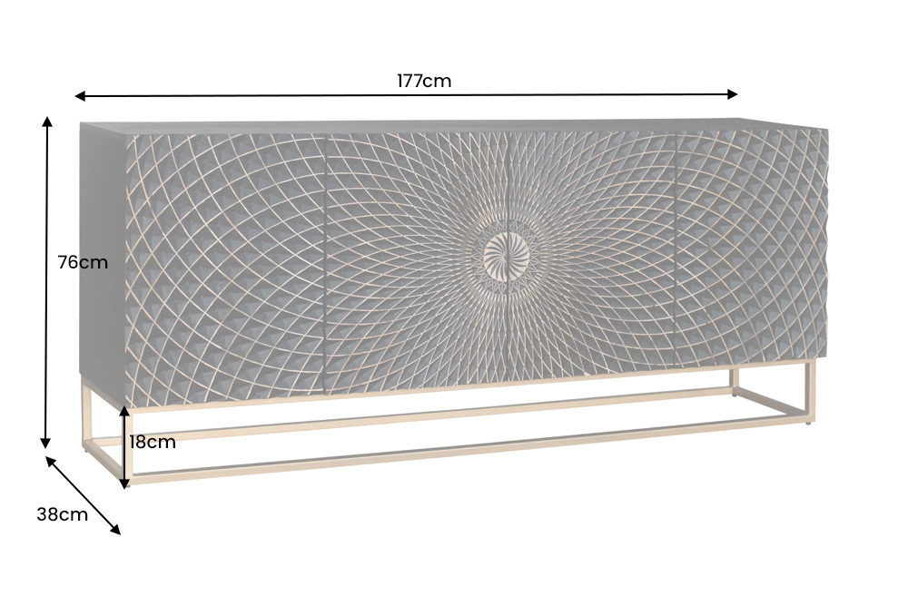 Design Sideboard ILLUSION 180cm schwarz Mangoholz Massivholz mit 3D Schnitzereien gold Eisen Metallgestell