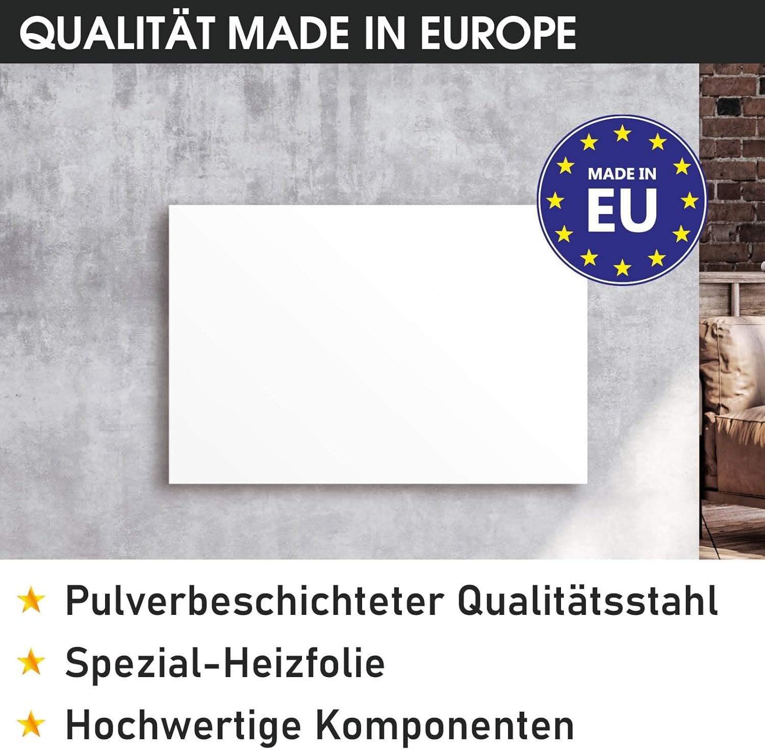 BRAST® Infrarotheizung mit Thermostat | 300-1100 Watt | Made in Europe | Inkl. Wandhalterung Standsystem + Griff | hoher Wirkungsgrad | Flexibler Einsatz | Ultraflache Bauweise | IP-TH 300