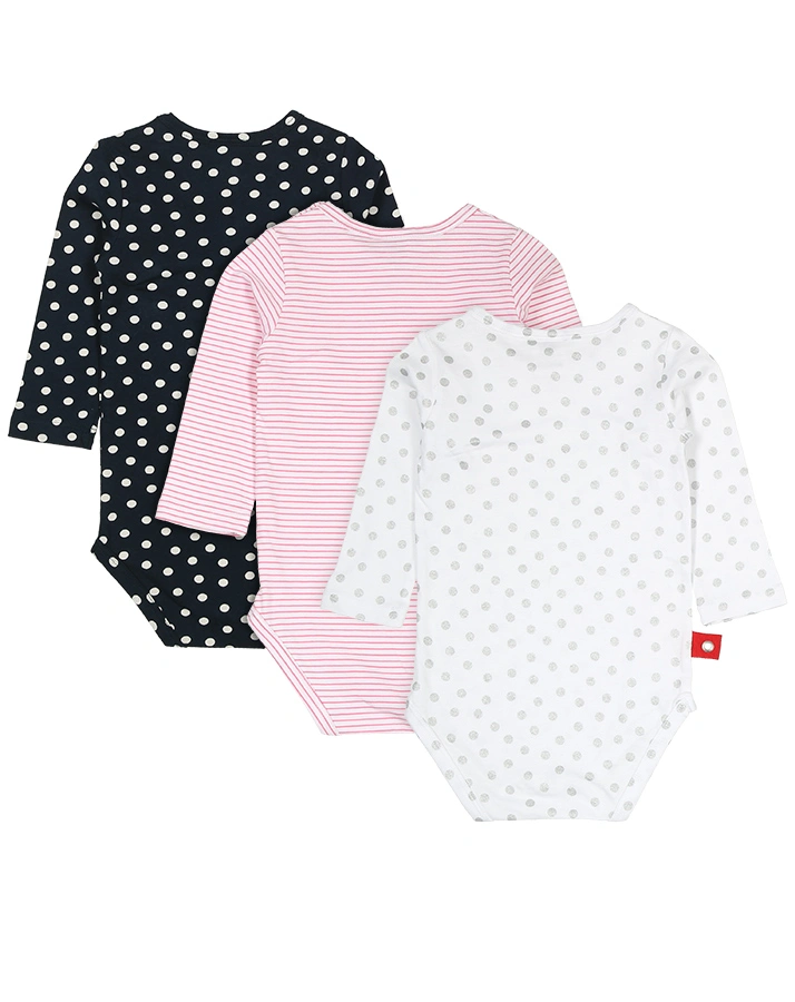 Langarm-Body PUNKTE UND STREIFEN 3er-Pack in rosa/blau