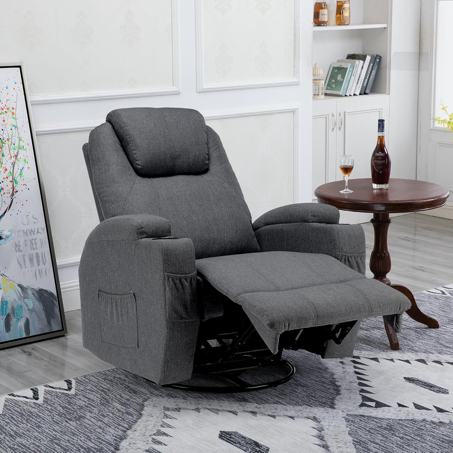 Fernsehsessel Relaxsessel Massagesessel mit Wärmefunktion und Vibration,Fernbedienung 360° Drehbar Leinen-Gray
