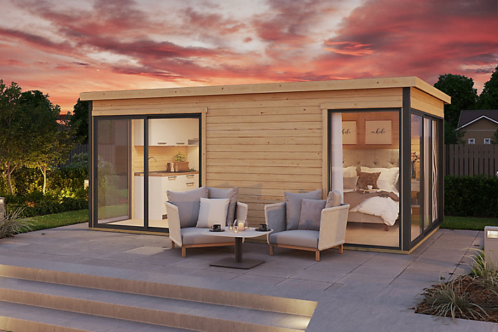 Abri de jardin + plancher Domeo 3 Plus en bois coloris naturel ép.44 mm surface extérieure 16,4 m²