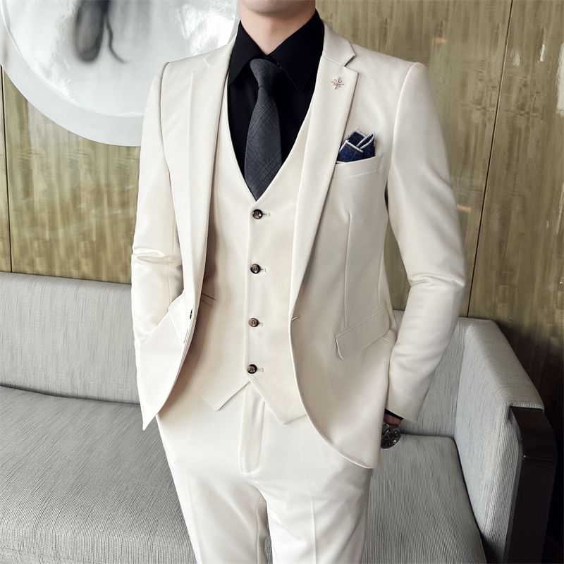 Sheck - Set: Reverskraag Effen Blazer met Enkele Knoop + Middelhoge Effen Broek + V-hals Effen Vest met Enkele Rij Knopen
