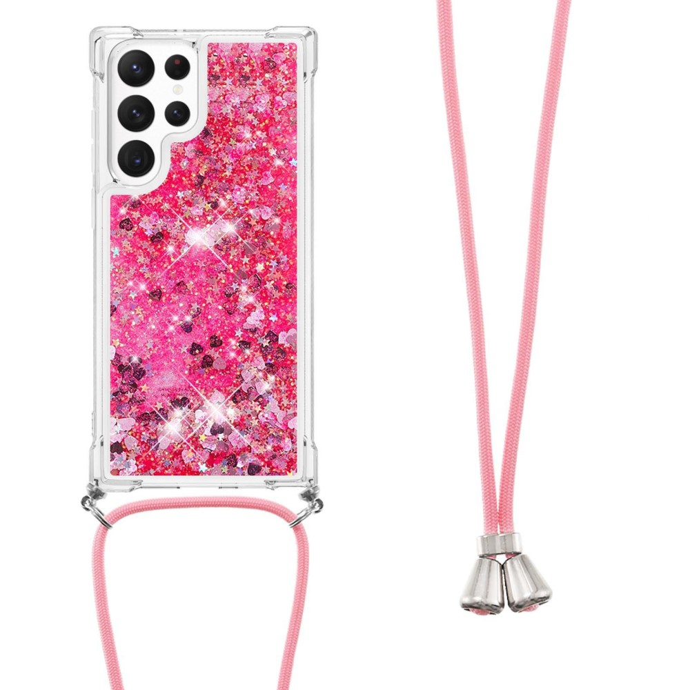 Samsung Galaxy S23 Ultra 5G Necklace Gummi Hülle Liquid Glitzer   Handykette (130cm) - Pink