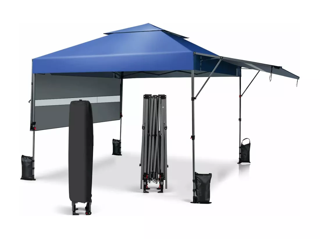 Tonnelle de Jardin Instantanée Pliable 3x3m avec Double Auvents 1,25x3cm, Tente de Jardin 2 roulettes Sacs de Sable 3 Hauteurs Réglable pour Marché Patio CamBoisg (Bleu)