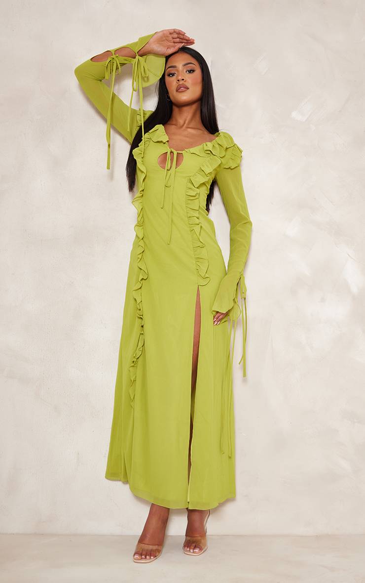 Citron Vert Robe Longue À Manches Longues Et Volants Pour Grandes Tailles