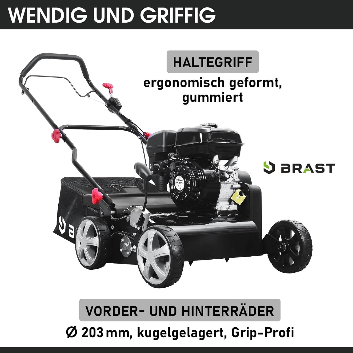 BRAST Benzin Vertikutierer 4,5kW (6,12PS) | 4-Takt Motor 212ccm | 40-45cm Arbeitsbreite | TÜV geprüft | 50L Fangkorb | viele Modelle für kleine bis sehr große Rasenflächen | BRB-RV-45212