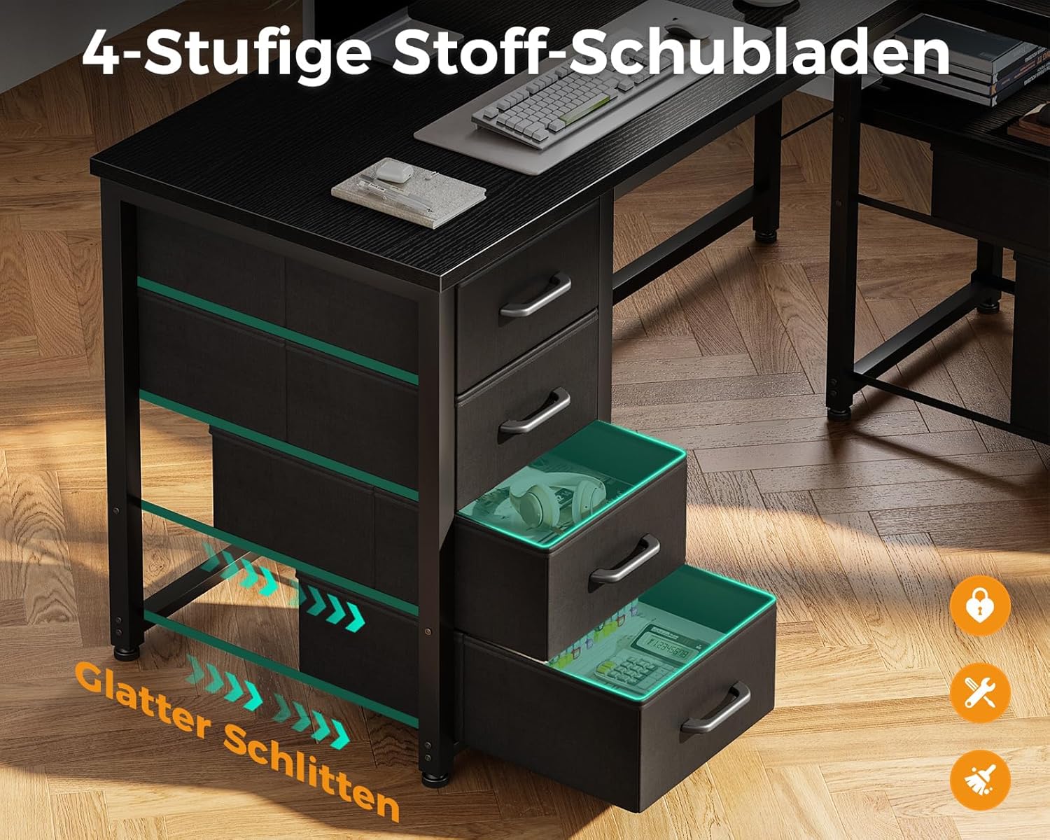 Coleshome Schreibtisch mit Stoff Schubladen, 140x80cm Umkehrbarer Schreibtisch L Form mit Aktenschublade, Eckschreibtisch mit USB-Ladeanschluss und Steckdose, Home Office Schreibtische, Schwarz