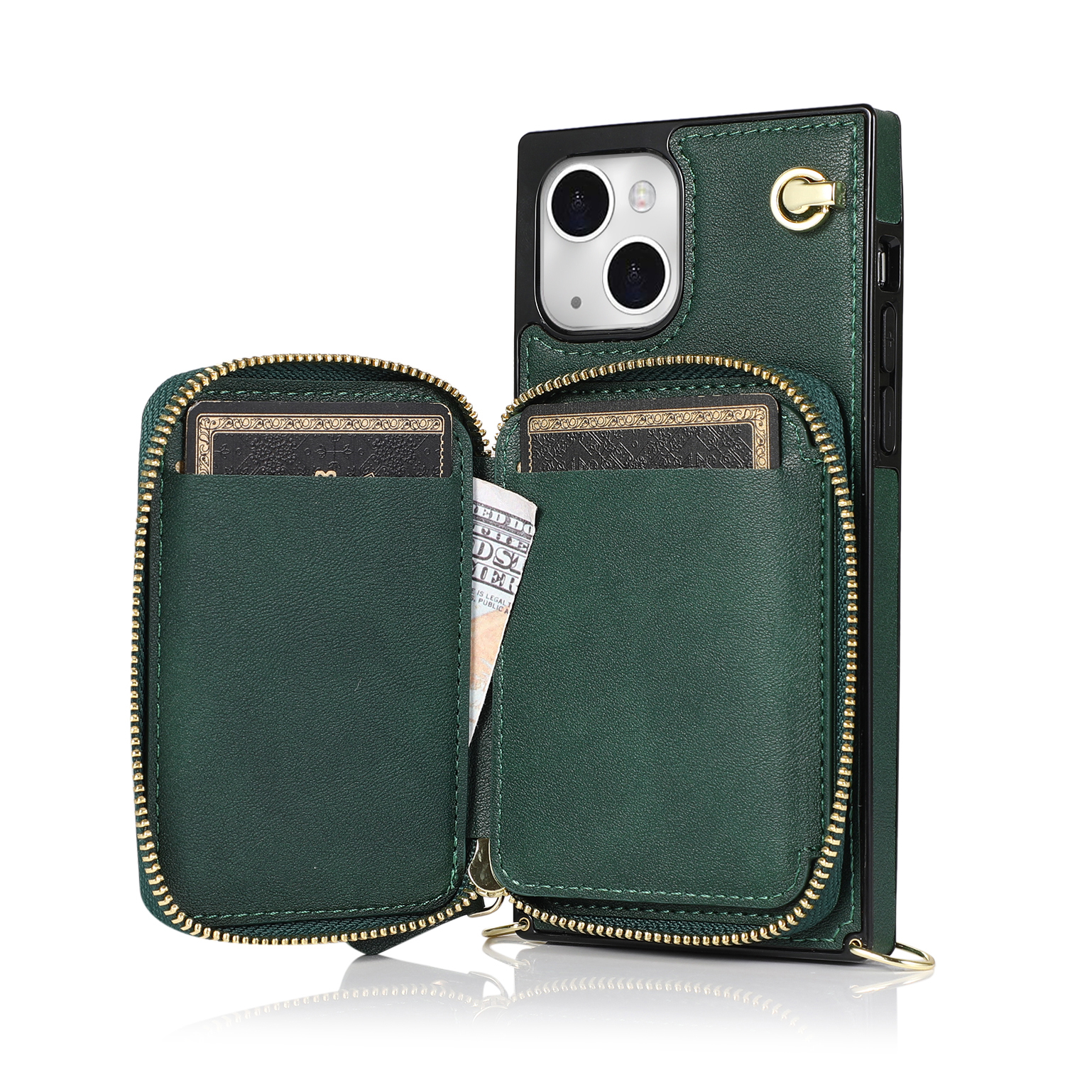 iPhone 13 Necklace Leder Schutz Hülle mit Kartenfächer   Handykette (140cm) - Grün
