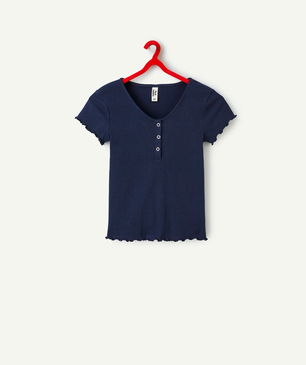 T-SHIRT MANCHES COURTES FILLE EN COTON BIO BLEU MARINE CÔTELÉ