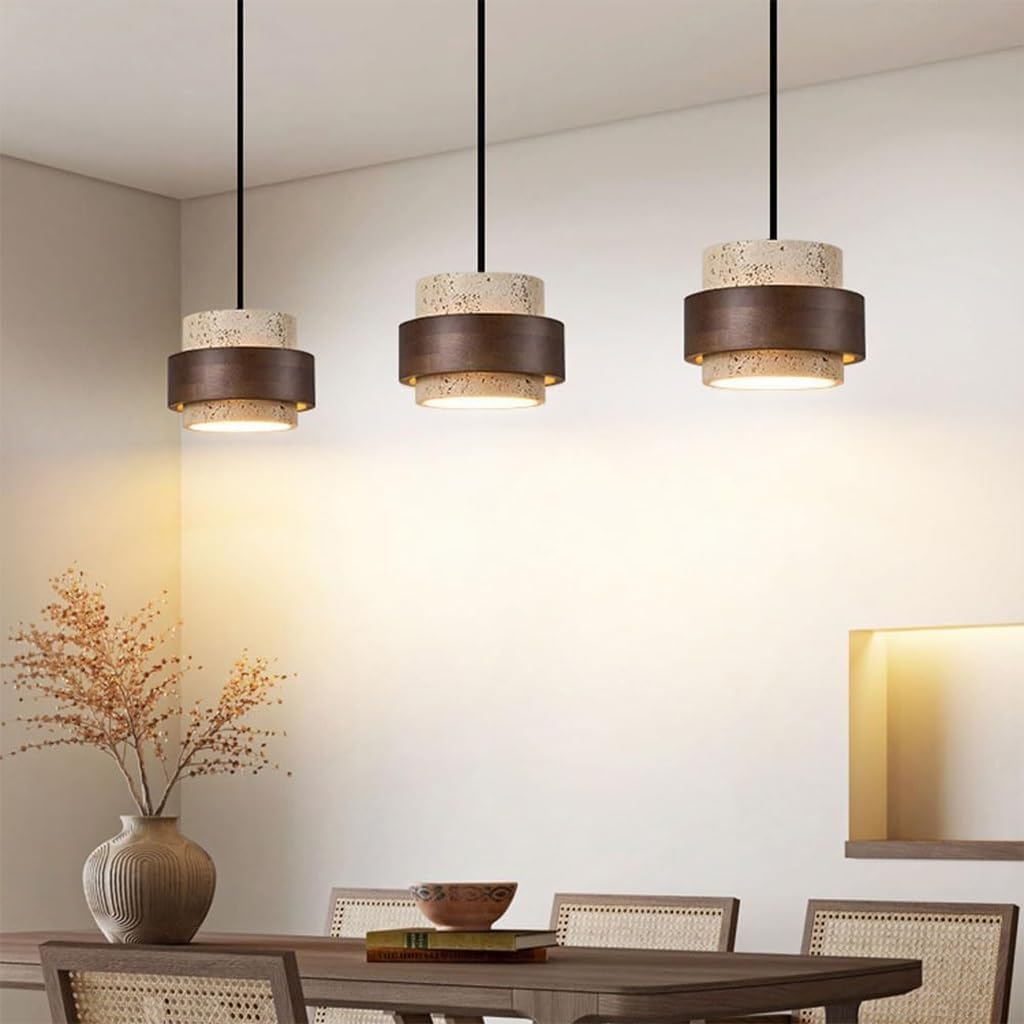 Natürliche Steinhängelampe Zylindrische Travertin Pendelleuchte Im Wabi Sabi Nordic Stil Mit Holz Für Kücheninsel Adjustable Home Decoration Flur Schlafzimmer Esszimmer Deckenbeleuchtung(B)