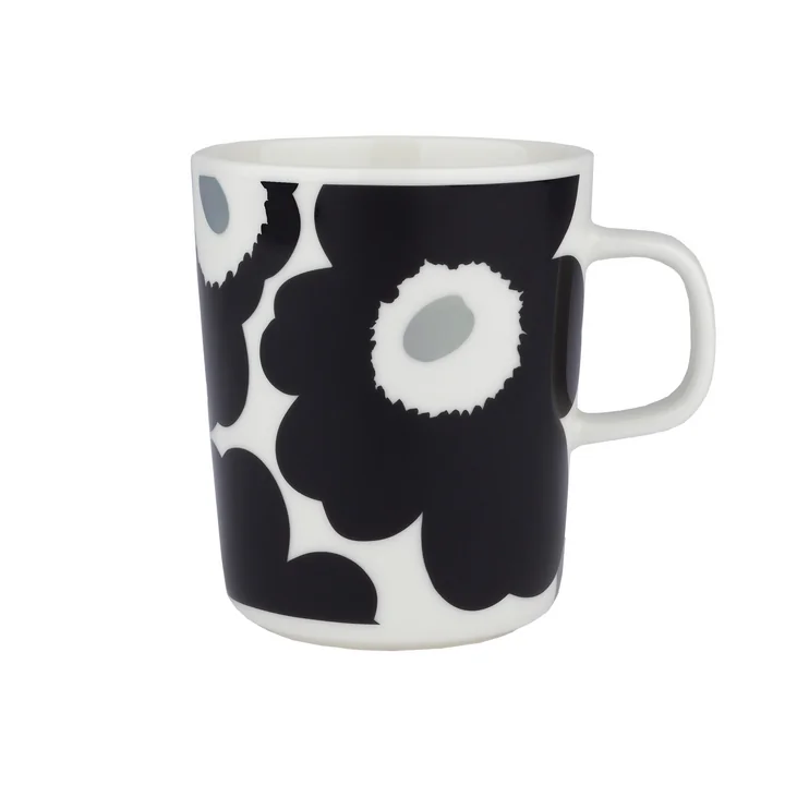 Marimekko - Oiva Unikko Becher mit Henkel, 250 ml, weiss / schwarz / silber
