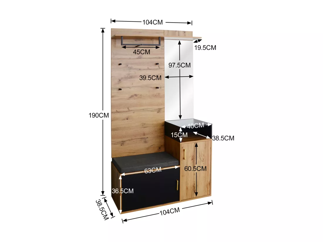 Ensemble vestiaire multifonctionnel - vestiaire avec 4 patères, miroir, armoire à chaussures - vestiaire mural, étagère supérieure, vestiaire d'entrée banc 104x38.5x190cm